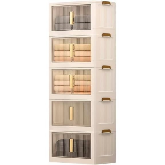 Storage Bins with Lids, 5 Tier 300 QT Stackable Plastic Storage Bins, Foldable Storages Boxes with Magnetic Doors and Wheels for Clothes, Snacks, Books, Folding Containers for Home Office