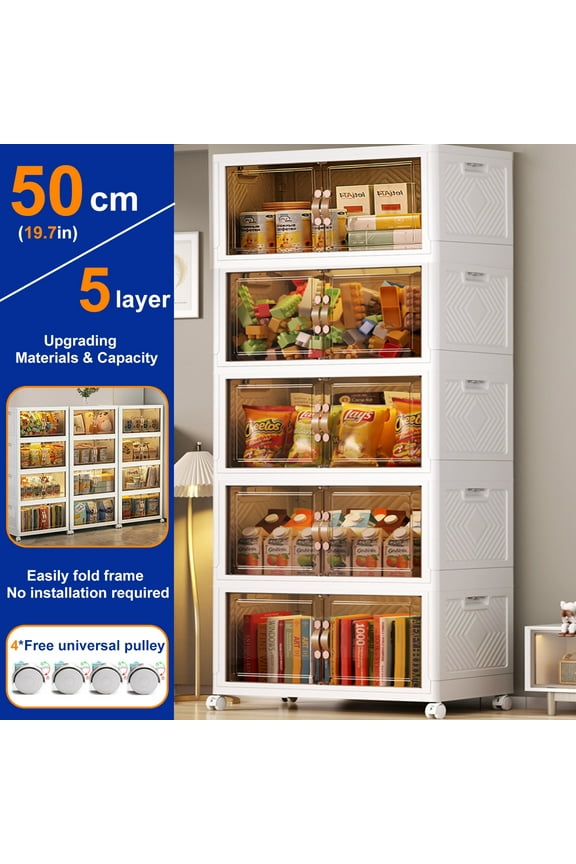 Storage Bins with Lids- 5 Tier Folding Storage box with Doors and Wheels, Collapsible Plastic Storage Bins for Closets, Stackable Storage Organizer, Storage Containers for Closet, White