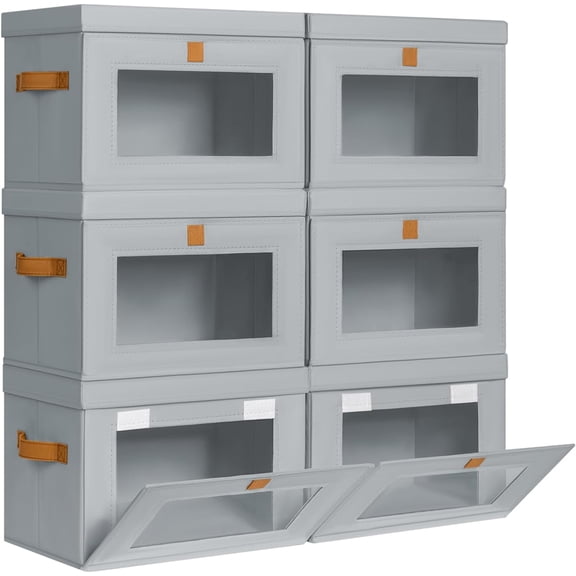 Storage Bins with Lids - 6 Pack Front Opening Stackable Fabric Boxes Clear Window & Handles, Collapsible Closet Organizers for Clothes, Sweaters, Shelf Storage, Bedroom, Gray