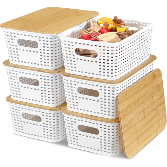 Storage Bins with Lids 6 Packs, Plastic Bamboo for Pantry Organization and Containers Shelves Drawers Desktop Closet Playroom Classroom Office Home, White