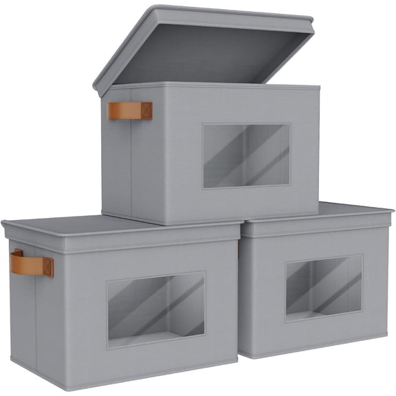 Storage Bins with Lids Collapsible Foldable Closet Storage Boxes for Clothes [3-Pack] Containers boxes with Handles Closet Storage for Home, Office, Bedroom (Gray,17" x 12"x 12")