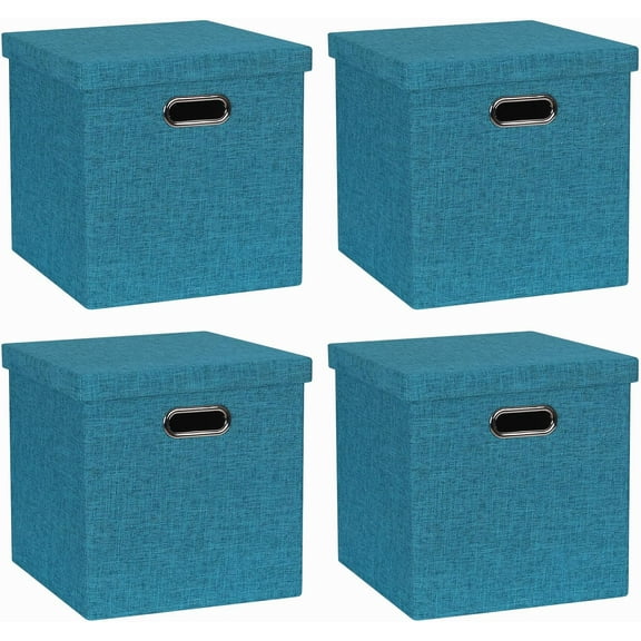 Storage Bins with Lids, Collapsible Linen Fabric Boxes Organizer Containers with Lid Foldable Storage Box Basket for Closet, Shelves, Home, Office, 11 x 11 x 11 Inch, 4 Pack, Green