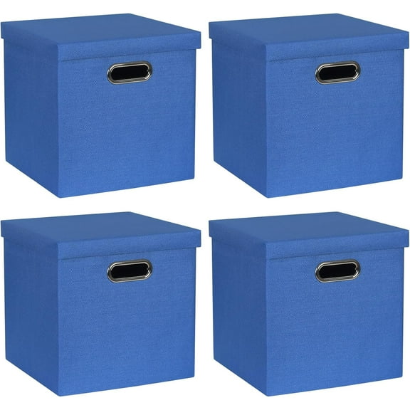 Storage Bins with Lids, Collapsible Linen Fabric Boxes Organizer Containers with Lid Foldable Storage Box Basket for Closet, Shelves, Home, Office, 11 x 11 x 11 Inch, 4 Pack, Dark Blue