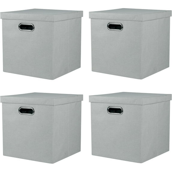 Storage Bins with Lids, Collapsible Linen Fabric Boxes Organizer Containers with Lid Foldable Storage Box Basket for Closet, Shelves, Home, Office, 11 x 11 x 11 Inch, 4 Pack, Gray