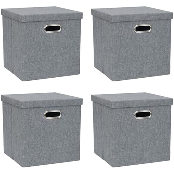 Storage Bins with Lids, Collapsible Linen Fabric Boxes Organizer Containers with Lid Foldable Storage Box Basket for Closet, Shelves, Home, Office, 12 x 12 x 12.4 Inch, 4 Pack, Dark Gray
