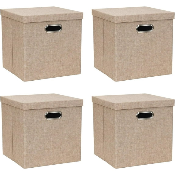 Storage Bins with Lids, Collapsible Linen Fabric Boxes Organizer Containers with Lid Foldable Storage Box Basket for Closet, Shelves, Home, Office, 12 x 12 x 12 Inch, 4 Pack, Khaki