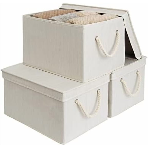 Storage Bins with Lids, Decorative Storage Boxes with Soft Rope Handles, Foldable Stackable Storage Baskets for Closet, Shelves, 3-Pack, Ivory and White, Jumbo