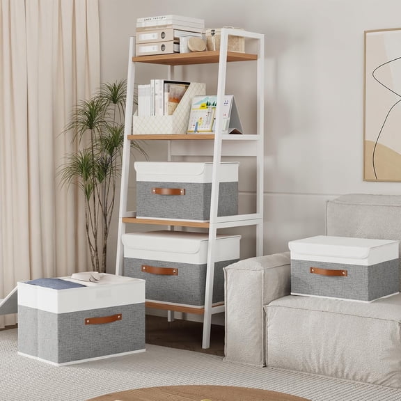 Storage Bins with Lids, Fabric Foldable Boxes, Washable and Leather Handle, Cube Organizer Basket for Home, Closet, White/Grey, 17.7''Lx11.8''Wx11.8''H, 3-Pack