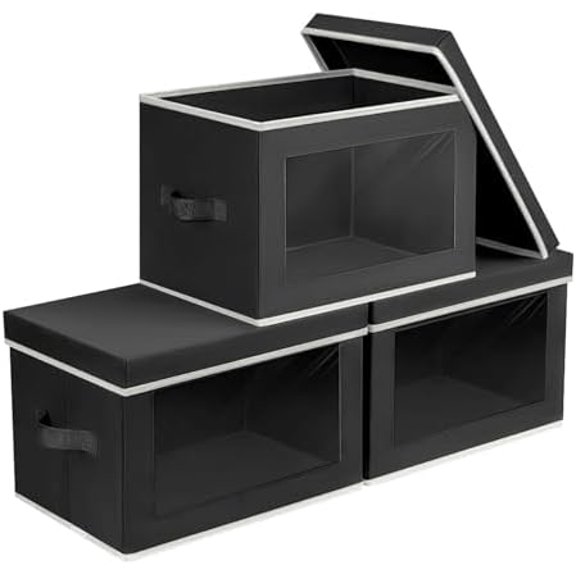 Storage Bins with Lids - Small Fabric Organizers with Window, Collapsible Storage Bins for Clothes, Decorative Closet Organizers for Towels, Tshirt, 3 Pack, Black
