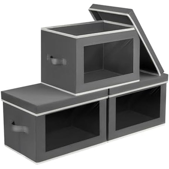 Storage Bins with Lids - Small Fabric Organizers with Window, Collapsible Storage Bins for Clothes, Decorative Closet Organizers for Towels, Tshirt, 3 Pack, Dark Grey
