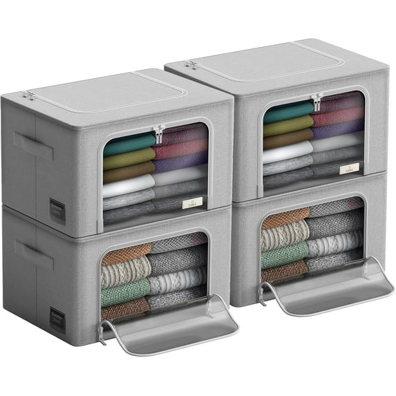 Storage Bins with Metal Frame - Stackable & Foldable Clothes Organizer Bags - Oxford Fabric Storage Containers with Large Clear Window & Carry Handles Organization for Bedding Linen & Clothing