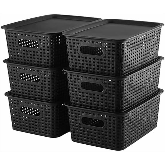 Storage Bins Plastic Storage Baskets With Lid Small Baskets for Organizing Stackable Storage Container Organizer Bins for Shelves Drawers Desktop Playroom Classroom Office, 6 Pack,Black