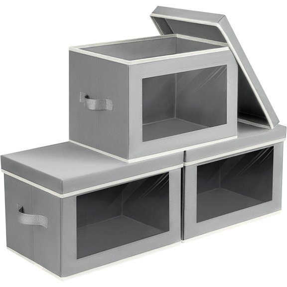 Storage Bins, Storage Baskets for Shelves with Window, Fabric Storage Bins with Handle, Foldable Storage Cubes Boxes for Organizing for Clothes, Towels, Books, 3 Pack, Grey