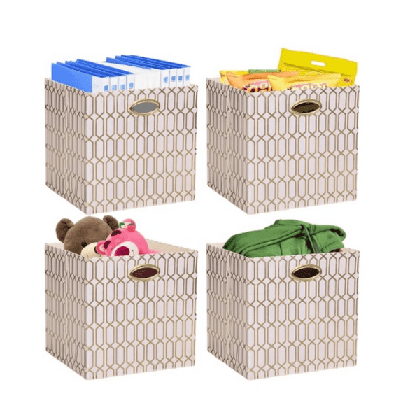 Storage Bins, Storage Cubes,1313 Fabric Drawers Organizer Basket Boxes Containers (131313/4pcs, Cream/gold geometry Pattern)