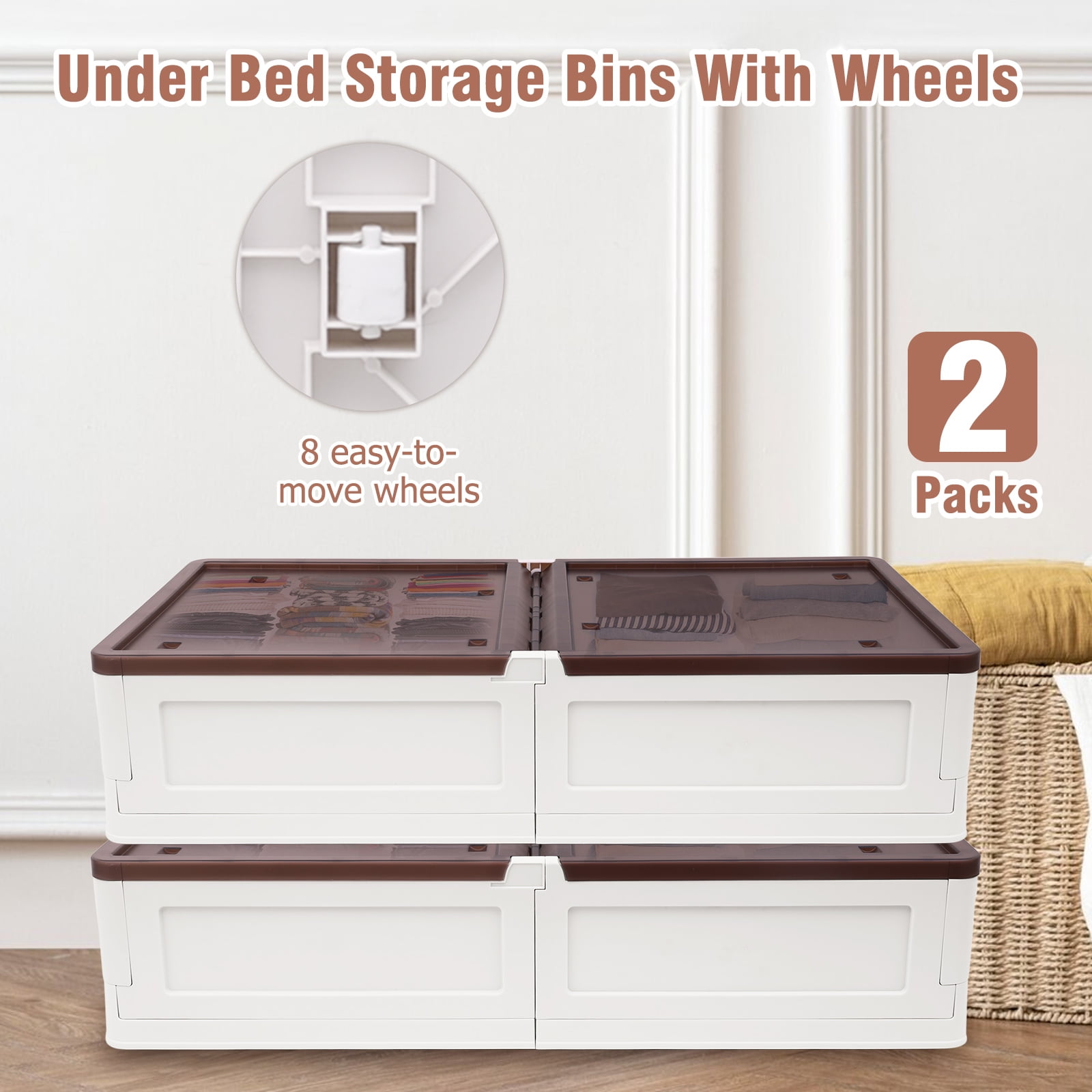 Storage Bins for UnderBed, 2 PACK Rolling Plastic Organizers for Closet