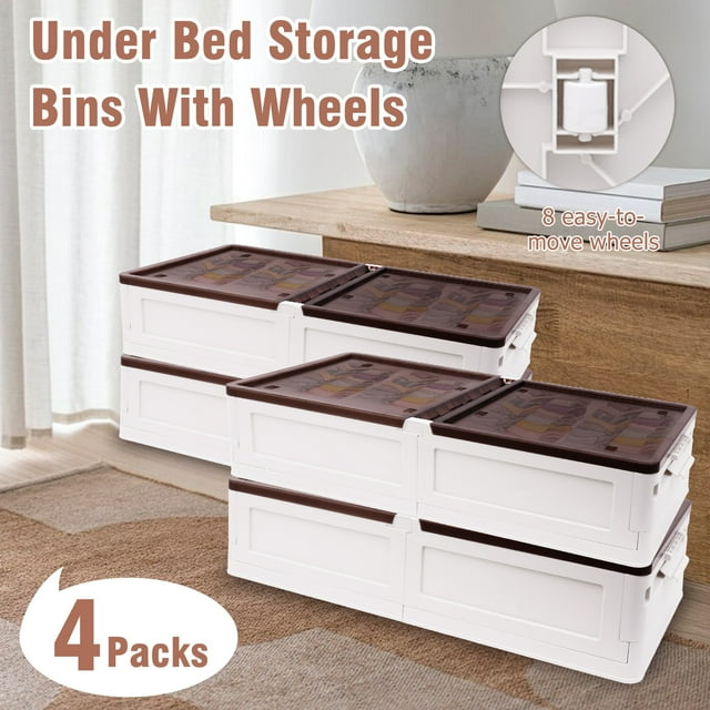 Storage Bins for UnderBed, 4 PACK Rolling Plastic Organizers for Closet