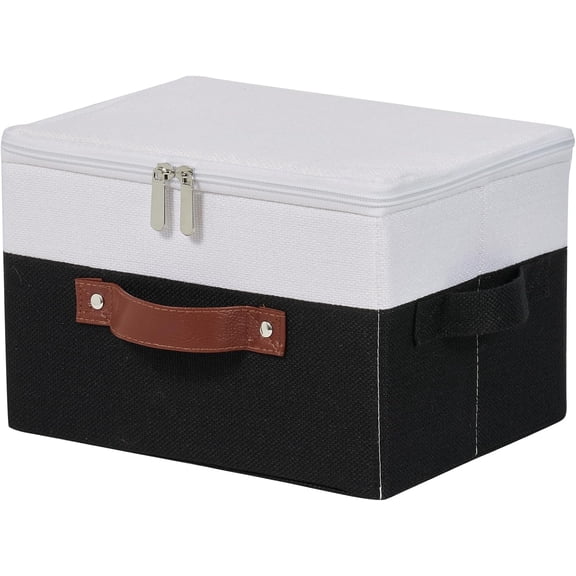 Storage Bins with Zipper Lid Cotton Linen Fabric Lidded Storage Baskets Boxes Foldable Washable Closet Shelf Clothes Organizer Container with PU Leather Handles (Black, Small Size)