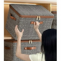 Storage Bins with Zipper Lid Cotton Linen Fabric Lidded Storage Baskets Boxes Foldable Washable Closet Shelf Clothes Organizer Container with PU Leather Handles 12x7.9x5.5in