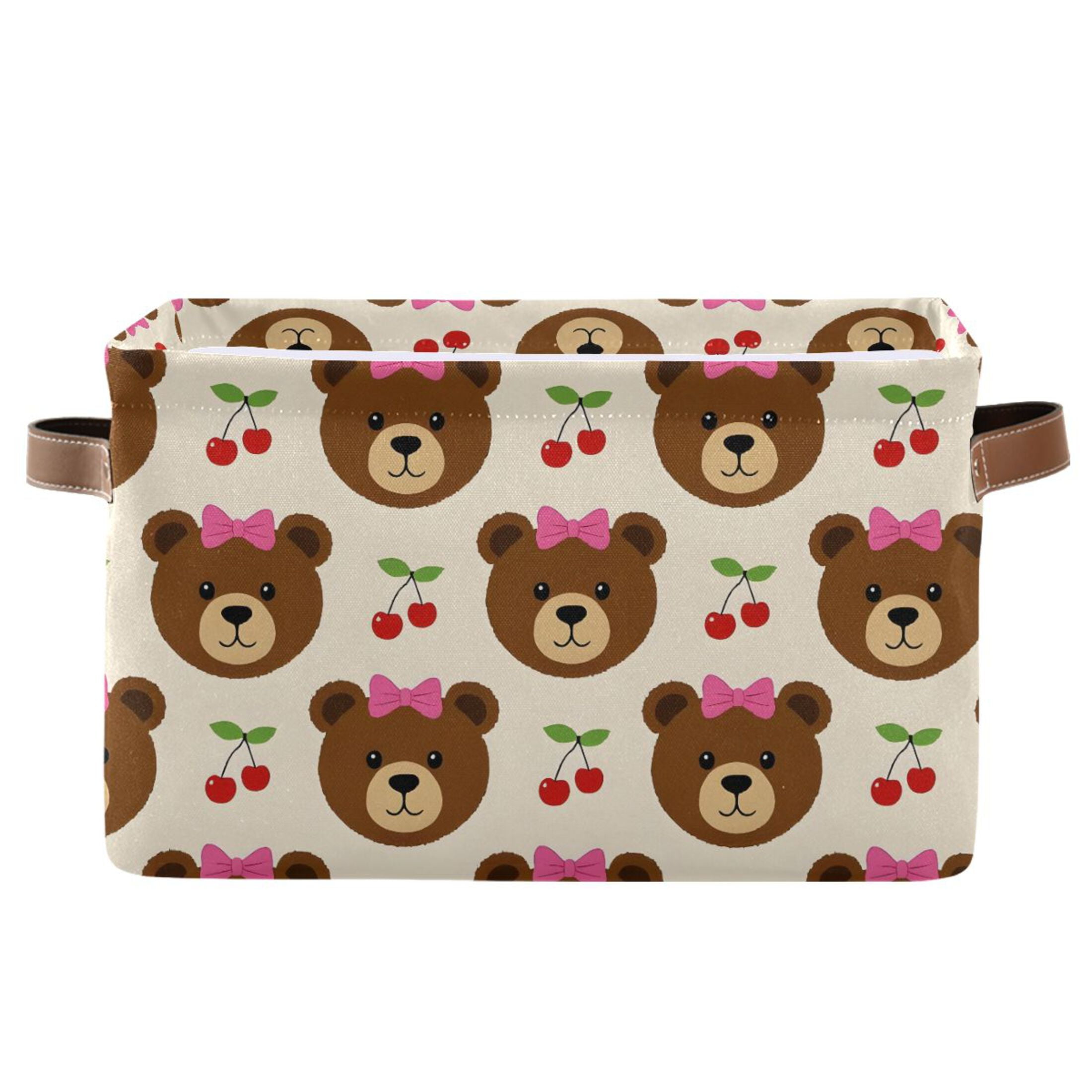 Storage Bins with Handle Fabric Organizer Basket Foldable Box 1 Pack Bear Bow Cherry 14.2x10.2x8.3