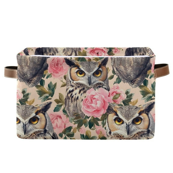 Storage Bins with Handle Fabric Organizer Basket Foldable Box 1 Pack Beautiful Owls and Pink Roses 14.2x10.2x8.3