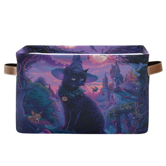 Storage Bins with Handle Fabric Organizer Basket Foldable Box 1 Pack Black Cat with Wizard Hat 14.2x10.2x8.3