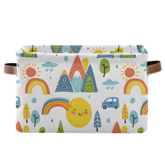 Storage Bins with Handle Fabric Organizer Basket Foldable Box 1 Pack Car Mountain Sun Tree Rainbow 14.2x10.2x8.3