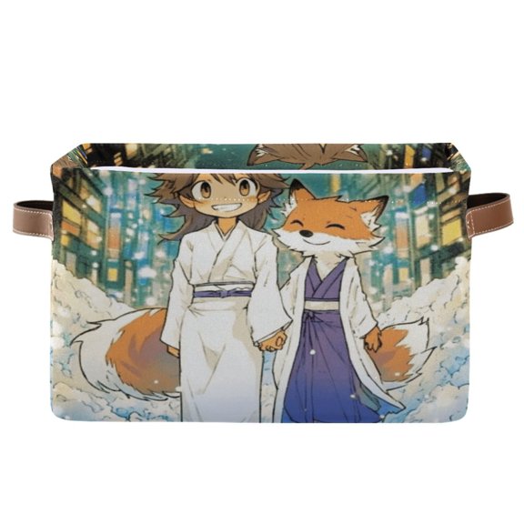 Storage Bins with Handle Fabric Organizer Basket Foldable Box 1 Pack Cartoon Fox on Street 14.2x10.2x8.3