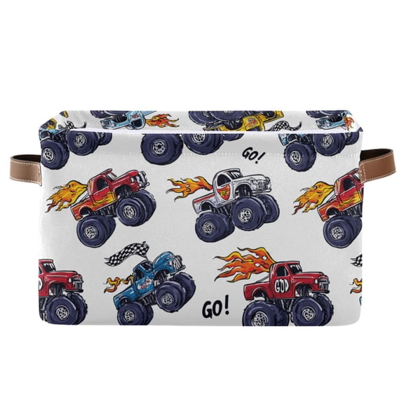 Storage Bins with Handle Fabric Organizer Basket Foldable Box 1 Pack Cartoon Monster Trucks with Flames 14.2x10.2x8.3