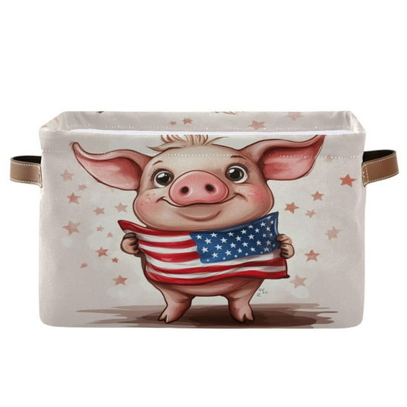 Storage Bins with Handle Fabric Organizer Basket Foldable Box 1 Pack Cartoon Pig with Usa Flag 14.2x10.2x8.3