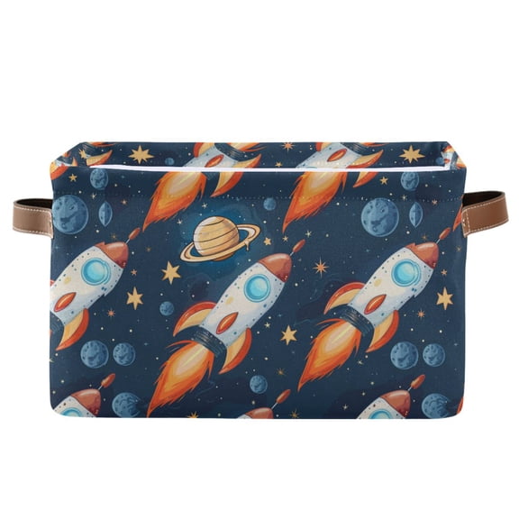 Storage Bins with Handle Fabric Organizer Basket Foldable Box 1 Pack Cartoon Rocket Planet Star 14.2x10.2x8.3