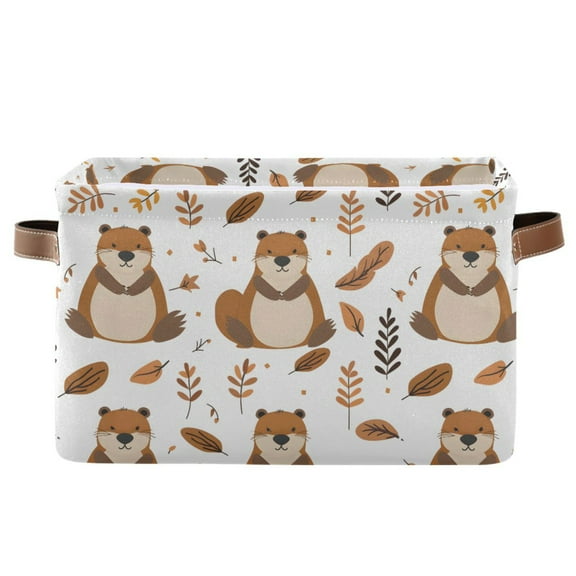 Storage Bins with Handle Fabric Organizer Basket Foldable Box 1 Pack Cute Beaver and Leaf 14.2x10.2x8.3