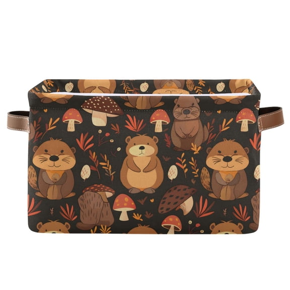 Storage Bins with Handle Fabric Organizer Basket Foldable Box 1 Pack Cute Beaver and Mushroom 14.2x10.2x8.3