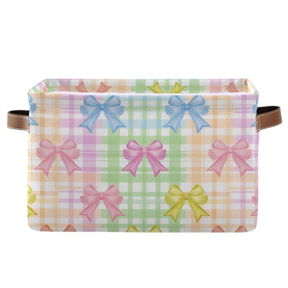 Storage Bins with Handle Fabric Organizer Basket Foldable Box 1 Pack Cute Bows and Plaid 14.2x10.2x8.3