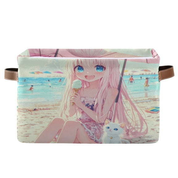 Storage Bins with Handle Fabric Organizer Basket Foldable Box 1 Pack Cute Girl and Cat on Vacation 14.2x10.2x8.3