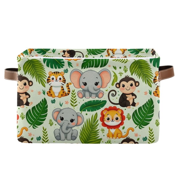 Storage Bins with Handle Fabric Organizer Basket Foldable Box 1 Pack Cute Lion Tiger Monkey Elephants 14.2x10.2x8.3