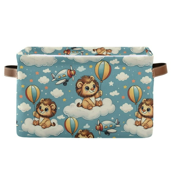 Storage Bins with Handle Fabric Organizer Basket Foldable Box 1 Pack Cute Lion with Balloon Sit Cloud 14.2x10.2x8.3