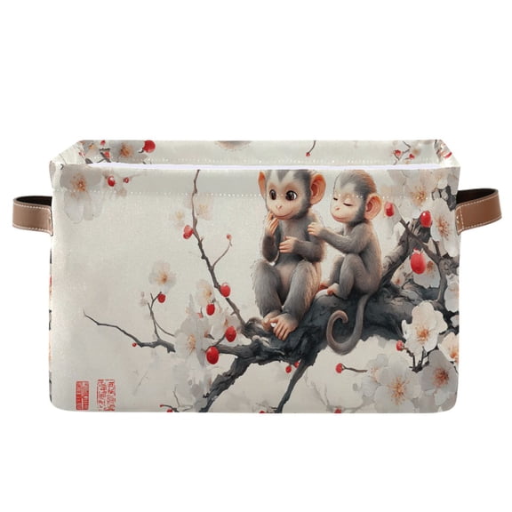 Storage Bins with Handle Fabric Organizer Basket Foldable Box 1 Pack Cute Monkeys on Flower Branch 14.2x10.2x8.3
