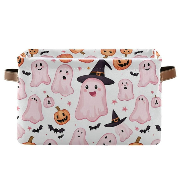 Storage Bins with Handle Fabric Organizer Basket Foldable Box 1 Pack Cute Pink Ghost Pumpkin Bats 14.2x10.2x8.3