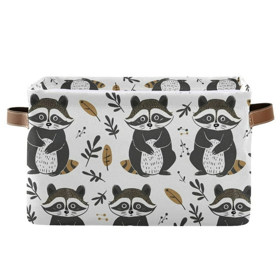 Storage Bins with Handle Fabric Organizer Basket Foldable Box 1 Pack Cute Raccoon and Leaf 14.2x10.2x8.3