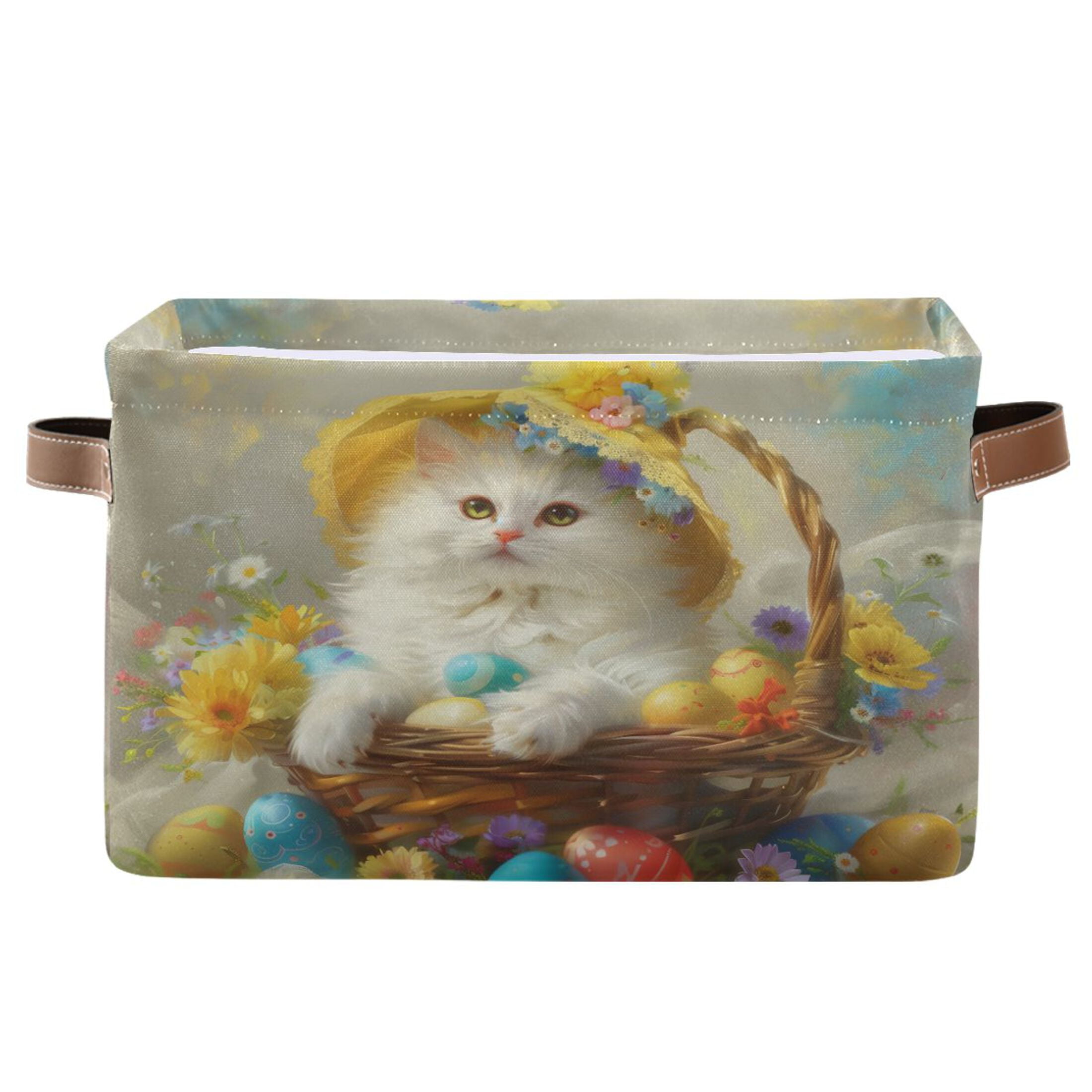 Storage Bins with Handle Fabric Organizer Basket Foldable Box 1 Pack Easter Egg with Cat 14.2x10.2x8.3