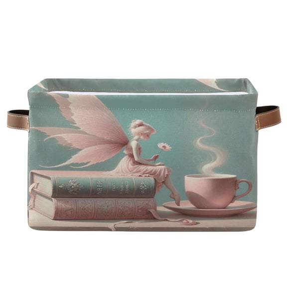 Storage Bins with Handle Fabric Organizer Basket Foldable Box 1 Pack Fairy on Book with Coffee 14.2x10.2x8.3