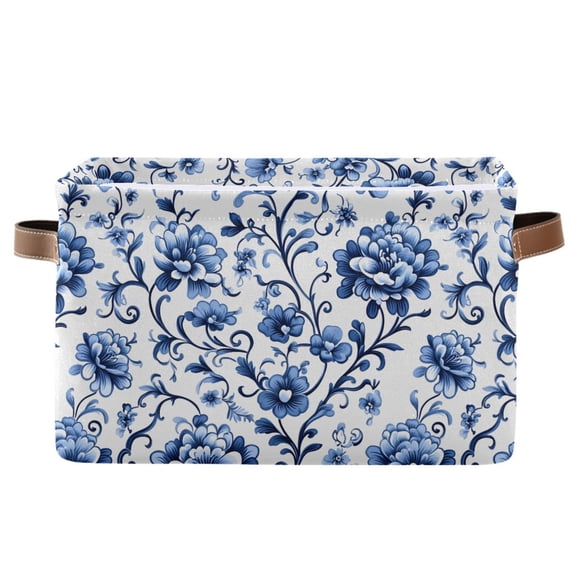 Storage Bins with Handle Fabric Organizer Basket Foldable Box 1 Pack Floral with Blue Flowers 14.2x10.2x8.3