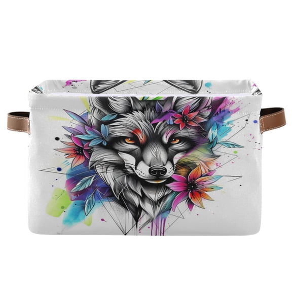 Storage Bins with Handle Fabric Organizer Basket Foldable Box 1 Pack Fox Head with Flower 14.2x10.2x8.3
