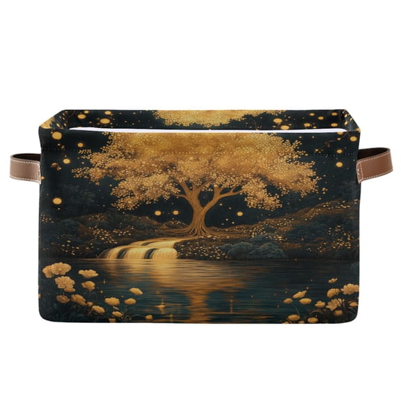 Storage Bins with Handle Fabric Organizer Basket Foldable Box 1 Pack Golden Tree on River Bank 14.2x10.2x8.3