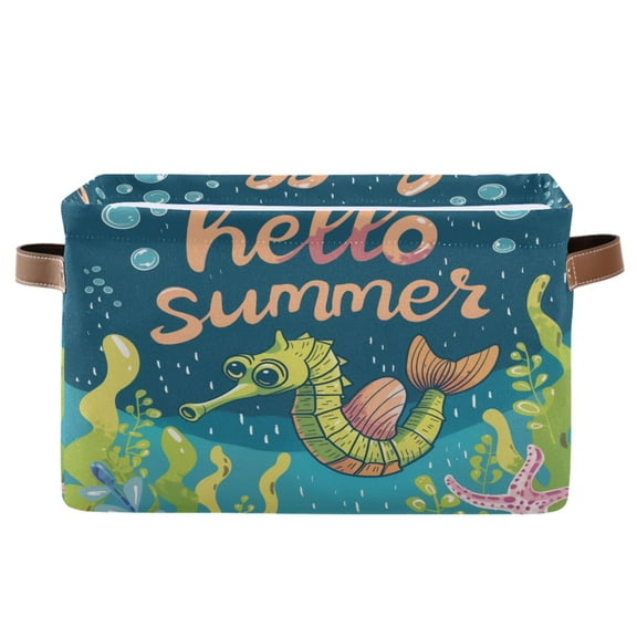 Storage Bins with Handle Fabric Organizer Basket Foldable Box 1 Pack Hello Summer Seahorses 14.2x10.2x8.3