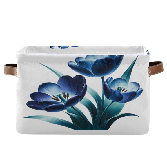 Storage Bins with Handle Fabric Organizer Basket Foldable Box 1 Pack Ink Tulips with Leaf 14.2x10.2x8.3