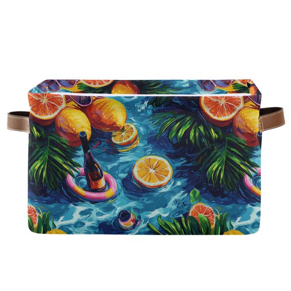 Storage Bins with Handle Fabric Organizer Basket Foldable Box 1 Pack Lemons Wine Leaves on Water 14.2x10.2x8.3
