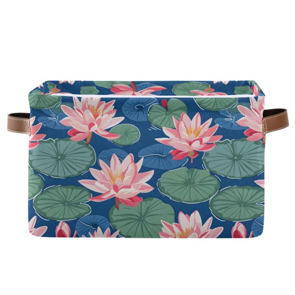 Storage Bins with Handle Fabric Organizer Basket Foldable Box 1 Pack Lily Flower and Lotus Leaf 14.2x10.2x8.3