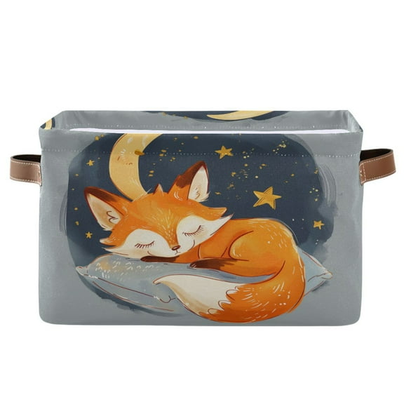 Storage Bins with Handle Fabric Organizer Basket Foldable Box 1 Pack Lovely Sleep Fox with Moon 14.2x10.2x8.3