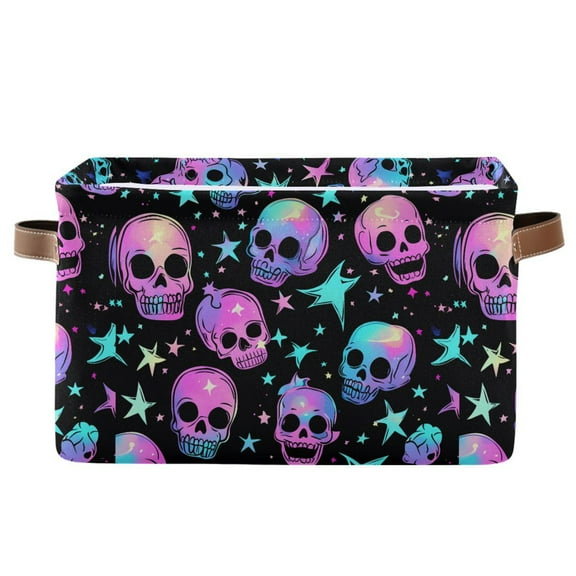Storage Bins with Handle Fabric Organizer Basket Foldable Box 1 Pack Neon Skulls and Stars 14.2x10.2x8.3
